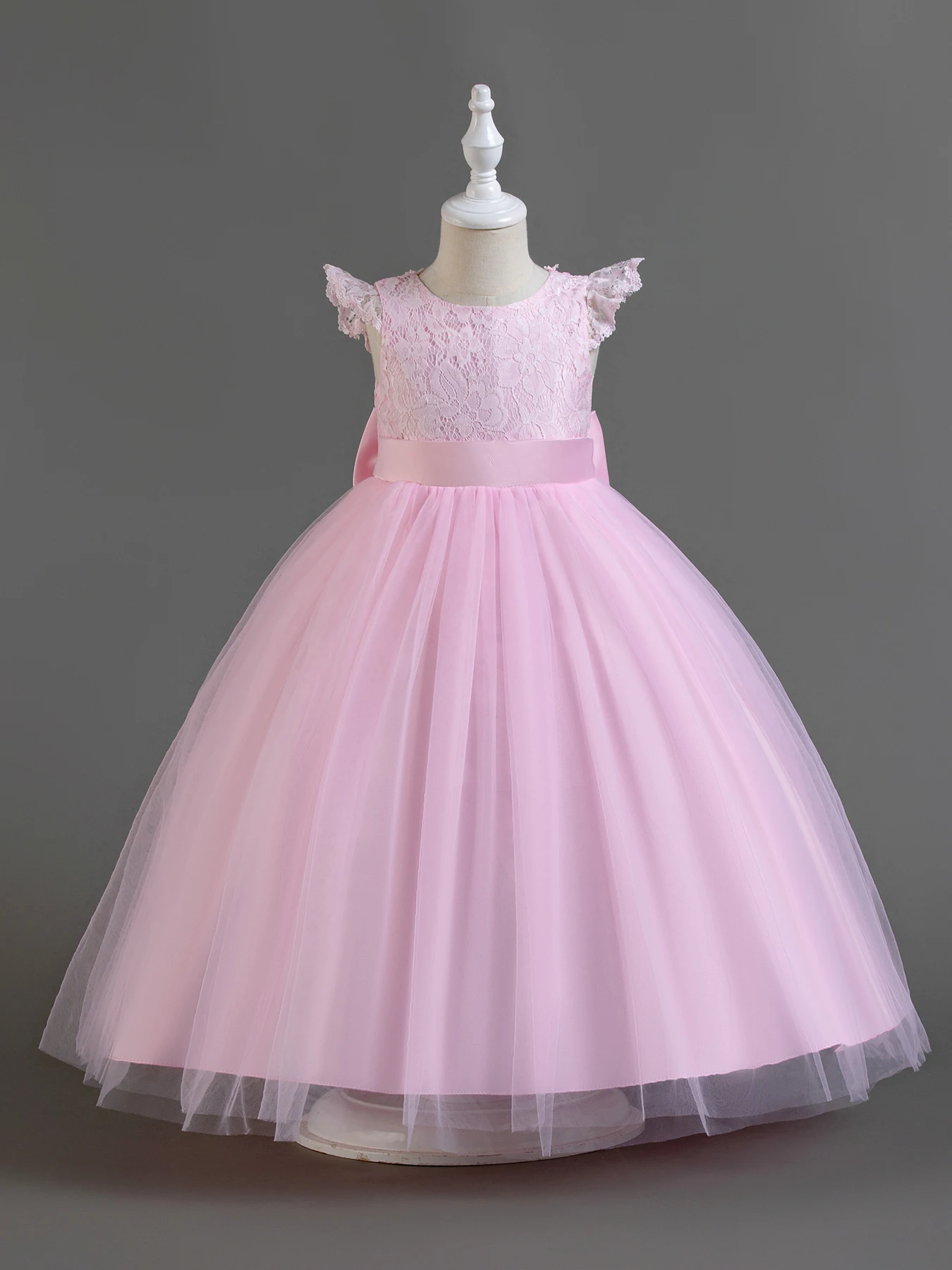 Pink colored lace child princess dress, little girl runway, piano performance Wear flower boy big bow long dress