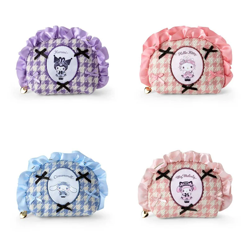 Kawaii Hello Kitty Kuromi My Melody Cartoon Houndstooth Clutch Bag Anime Sanrio Girl's Heart Cute Portable Makeup Bag