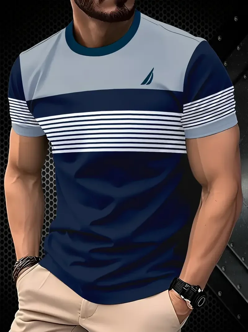 

Classic new Men's T-shirt Summer Outdoor Round Neck Short Sleeve Top Stripe Print Street Loose T-Shirt Male Oversized Clothing