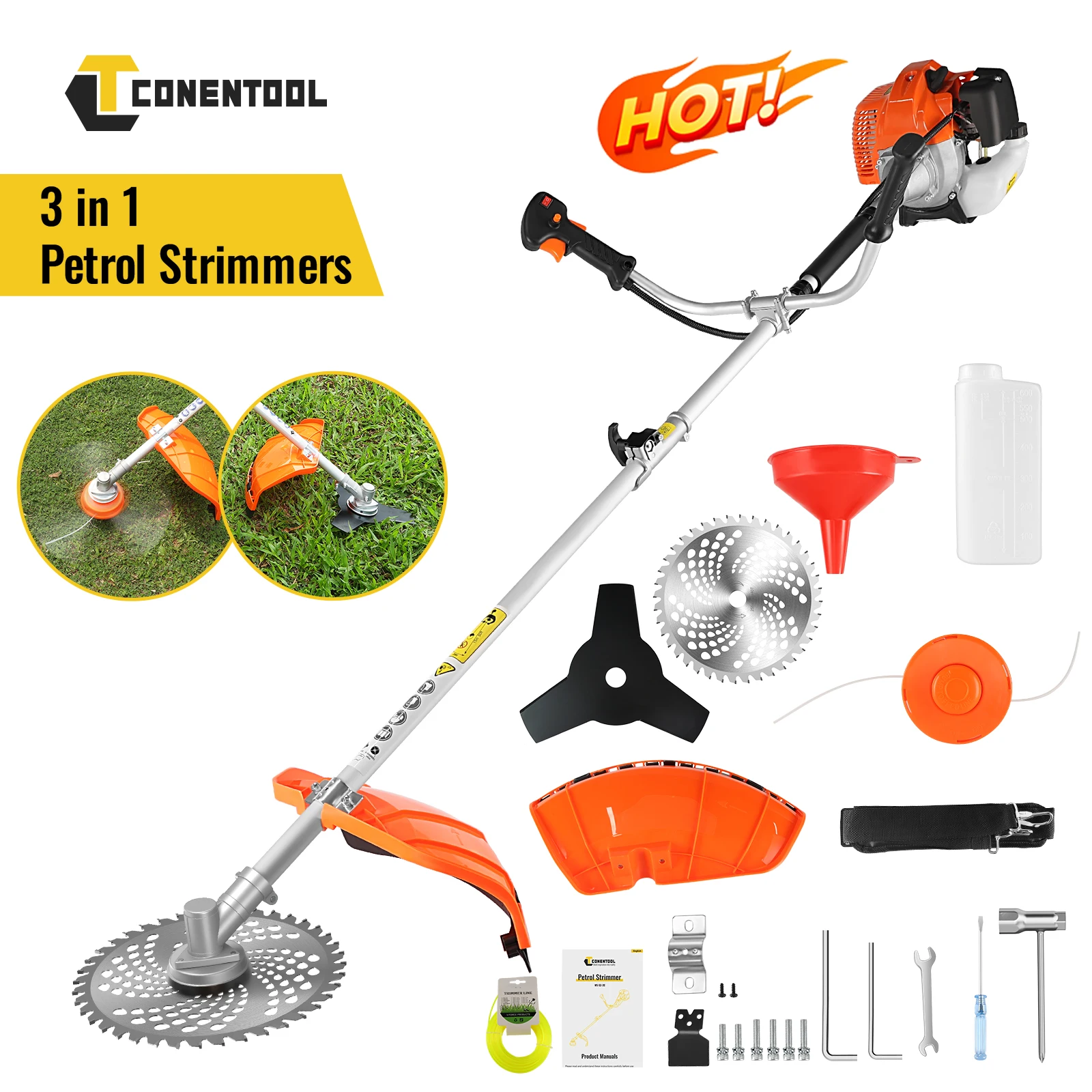 Tondeuse à gazon à essence CONENTOOL 52CC 3 en 1, débroussailleuse à essence 2 temps avec lame pour la taille des branches et des herbes, outils de jardin