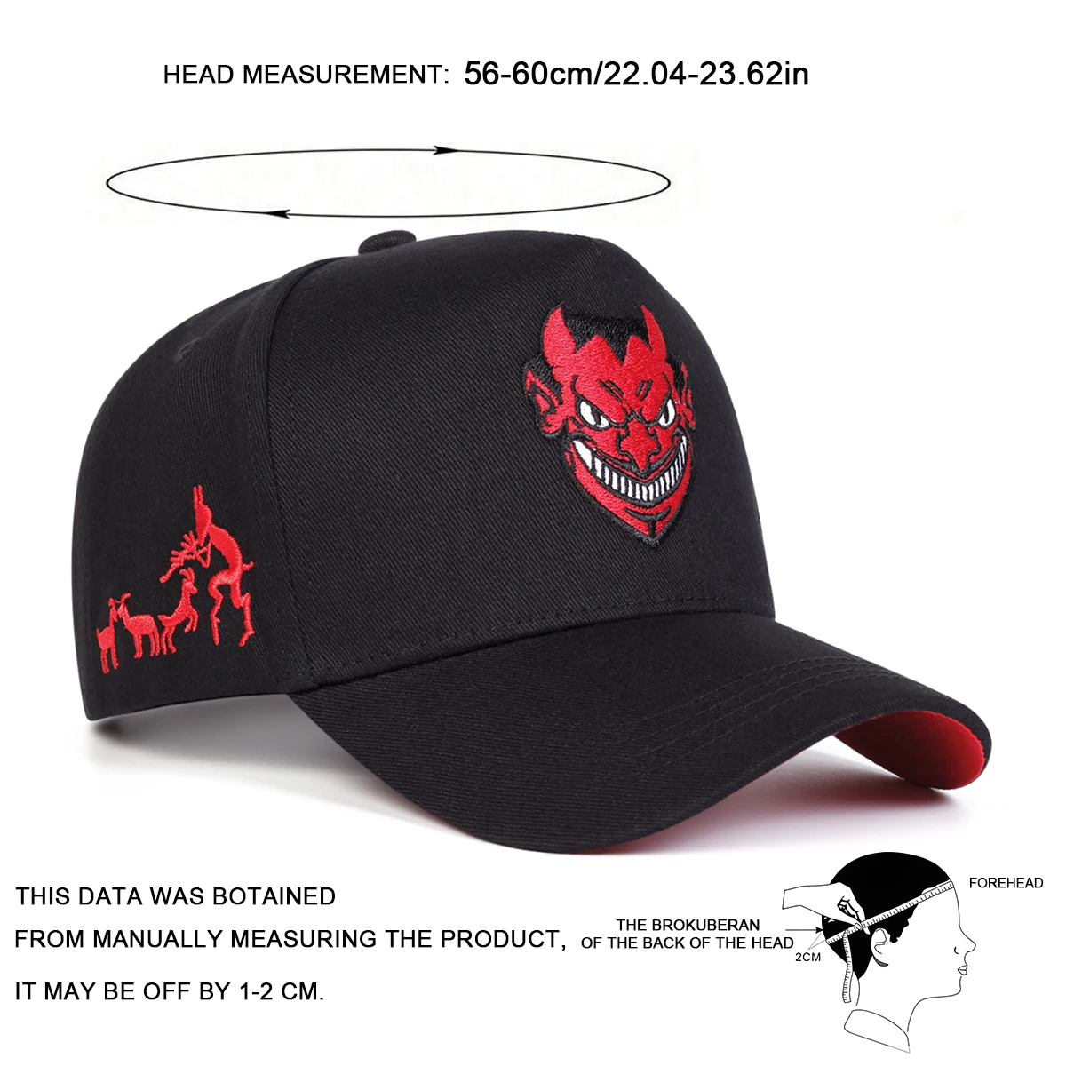 Unisex-Baseballmützen mit Teufel-Stickerei, für Frühling und Herbst, für den Außenbereich, verstellbar, lässige Hüte, Sonnenschutzhut, Sportkappe – Detail 4