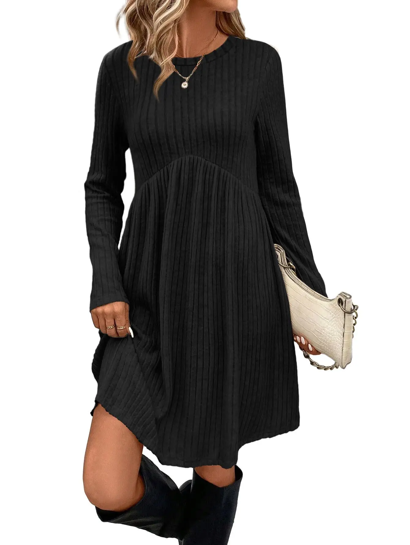 

Knitted women's dress fashionable solid color commuter style autumn winter vestido temperament round neck high waist dresses