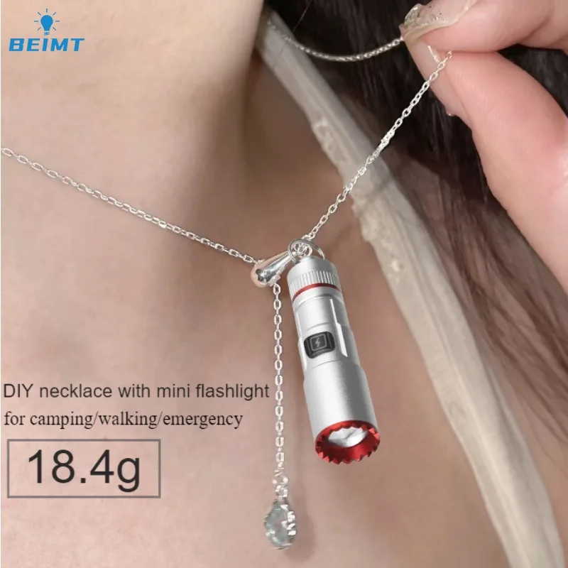 Mini LED Flashlight Necklace Keychain Flashlight 5 Lighting Modes USB Rechargeable Portable Camping Fishing LED Zoom Lantern