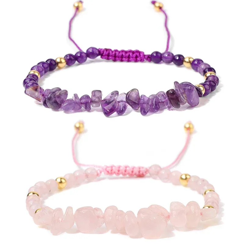 5-8mm Irregular Chips Beads Bracelet Crushed Natural Stone Amethysts Rose Quartzs Beaed Charm Bracelets for Women Men Jewelry