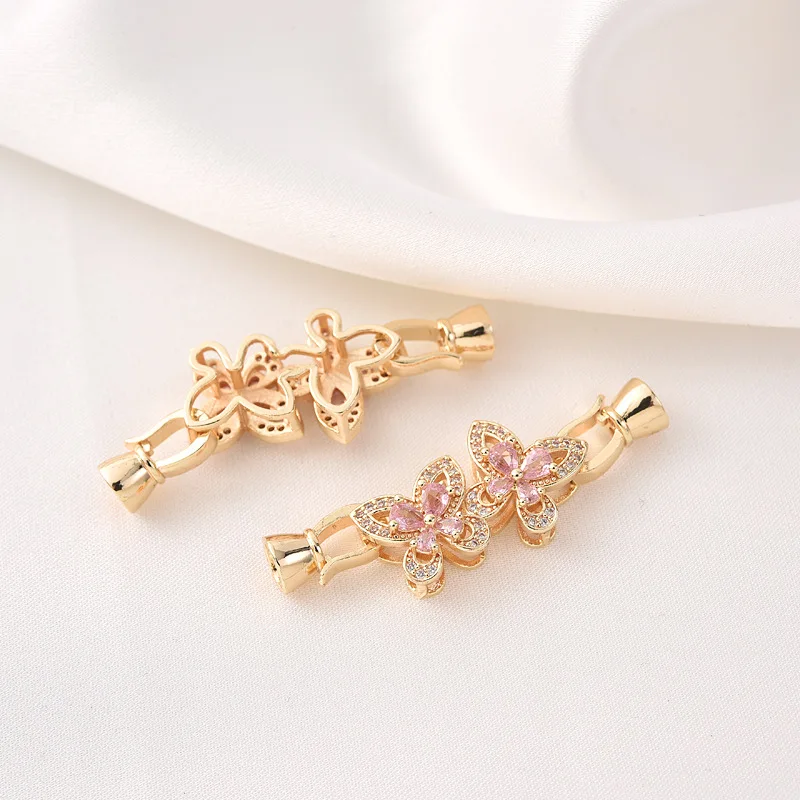 1 Piece Copper Inlaid Pink Zirconium Bow Buckle DIY Braided Bracelet Pearl Necklace Accessories Jewelry Production Materials