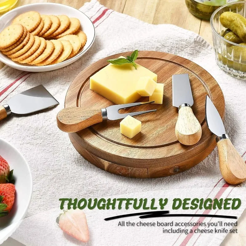 Acacia Wood Cheese Board Round Charcuterie Platter With Cheese Knives Forks Kitchen Serving Tray Food Plate