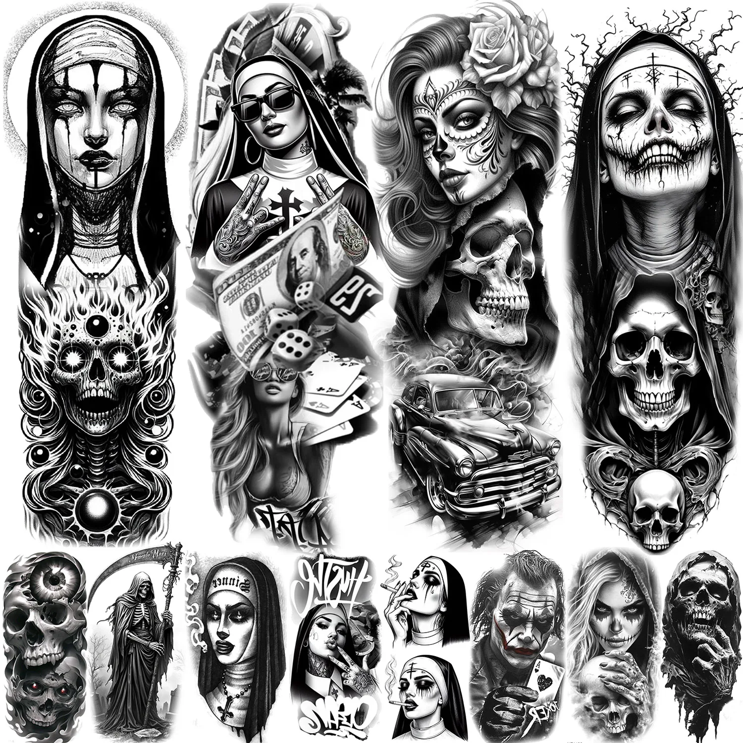 

1 Sheet Full Arm Evil Nun Zombie Skull Temporary Tattoos For Men Women Tatoo Sleeve Leg Waterproof Realistic Fake Tattoo Sticker