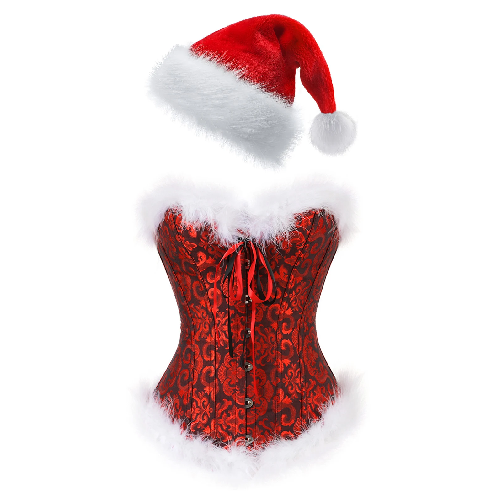 Womens Steampunk Corset Costume Christmas Fancy Corset Tops White Feather Trimming Corselet Lace-up Bustier with Red Velvet Hat