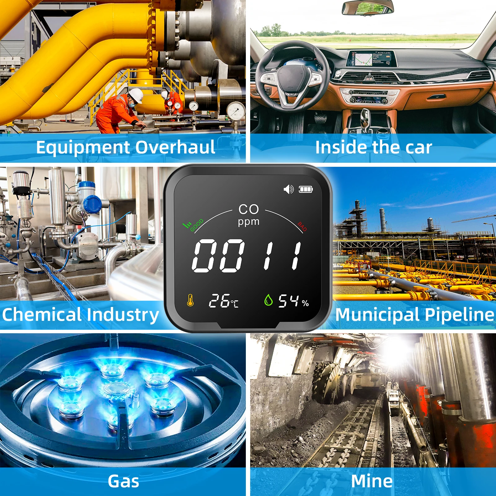 3 in 1 Air Quality Detector Smart CO Detector Intelligent CO Detector Portable CO Temperature Humidity and Air Quality Detector