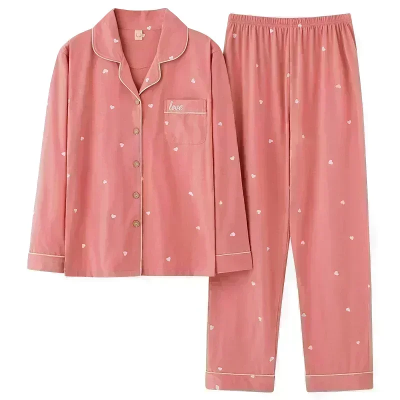 High Quality Large Size Women Cotton Pajamas Button down Tops and Trousers Set Sleepwear Homewear Printing Nightwear Loungewear