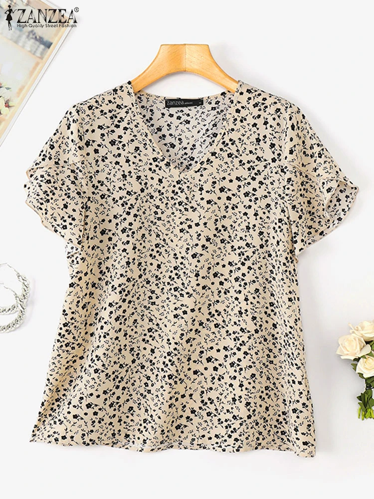 

ZANZEA 2025 Summer Women Floral Printed Blouse Fashion Short Ruffled Sleeve Tops Tunics Holiday V-neck Blusas Commuting Shirts