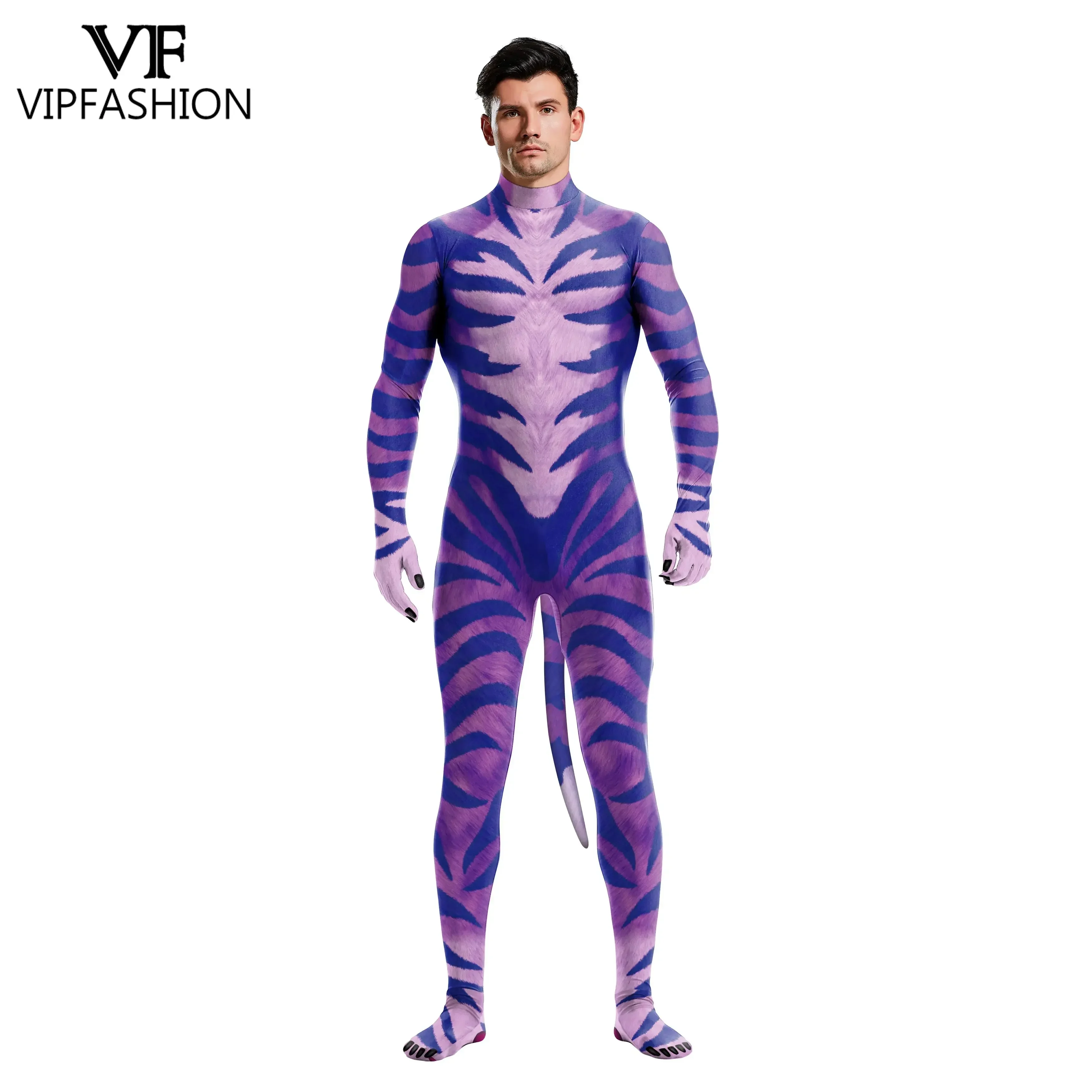 VIP FASHION Funny Costumes Animal Leopard Print Adult Bodysuit Unisex Zentai Jumpsuit with Tail 3D Cosplay Clothing Fancy Dress