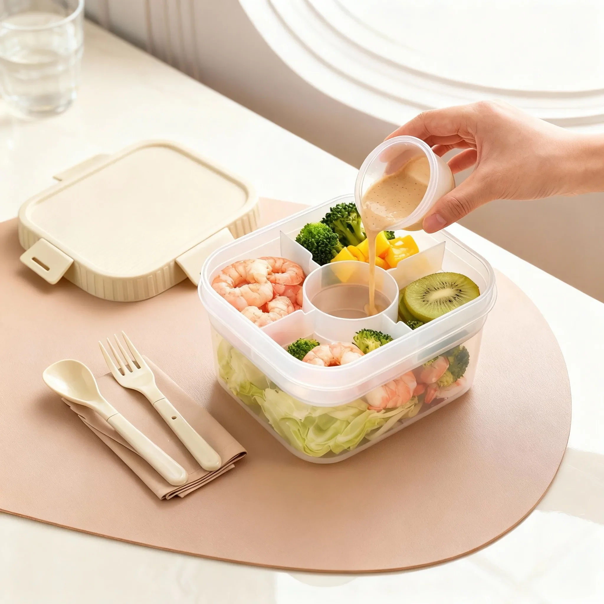 Tragbare, doppelwandige Lunchbox aus Kunststoff mit separaten Fächern, Saucenschale und Besteck, große Kapazität, geeignet für Obst, Salat und andere Lebensmittel, mikrowellengeeignet.