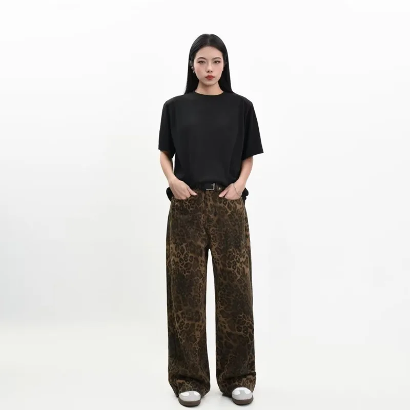 Calça jeans feminina solta e versátil com estampa leopardo, perna reta, calça Y2K de cintura alta, moda primavera, American Street, picante menina