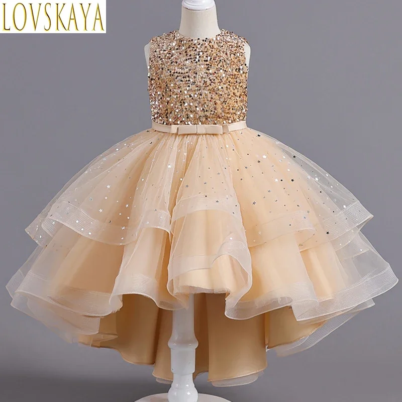 Girl Princess Dress Solid Color Sequin Tailcoat Youth Piano Performance Dress Pengpeng Wedding Flower Girl Dress