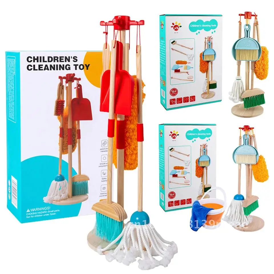 ชุดทำความสะอาดจำลองสำหรับเด็ก ของเล่นไม้สำหรับการเรียนรู้ในวัยเริ่มต้น ไม้กวาดและไม้ถูพื้น อุปกรณ์ทำความสะอาด