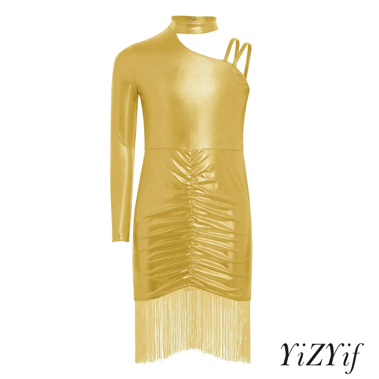

Kids Girls Latin Cha-cha Dance Dress Outfit Metallic Asymmetrical Shoulder Tassels Ruched Dress for Ball Prom Stage Performance
