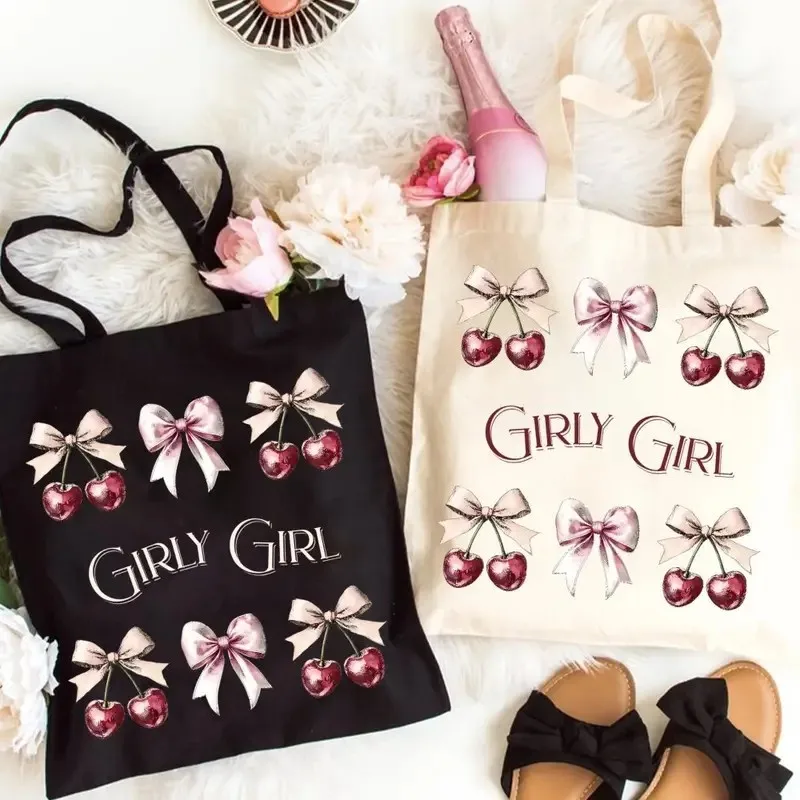 Pink Bow Cherry Print Tote Bag Aesthetic Large Capacity,Handbag for Shopping, Travel, and Outdoor Picnics, Shopping Tote Bag