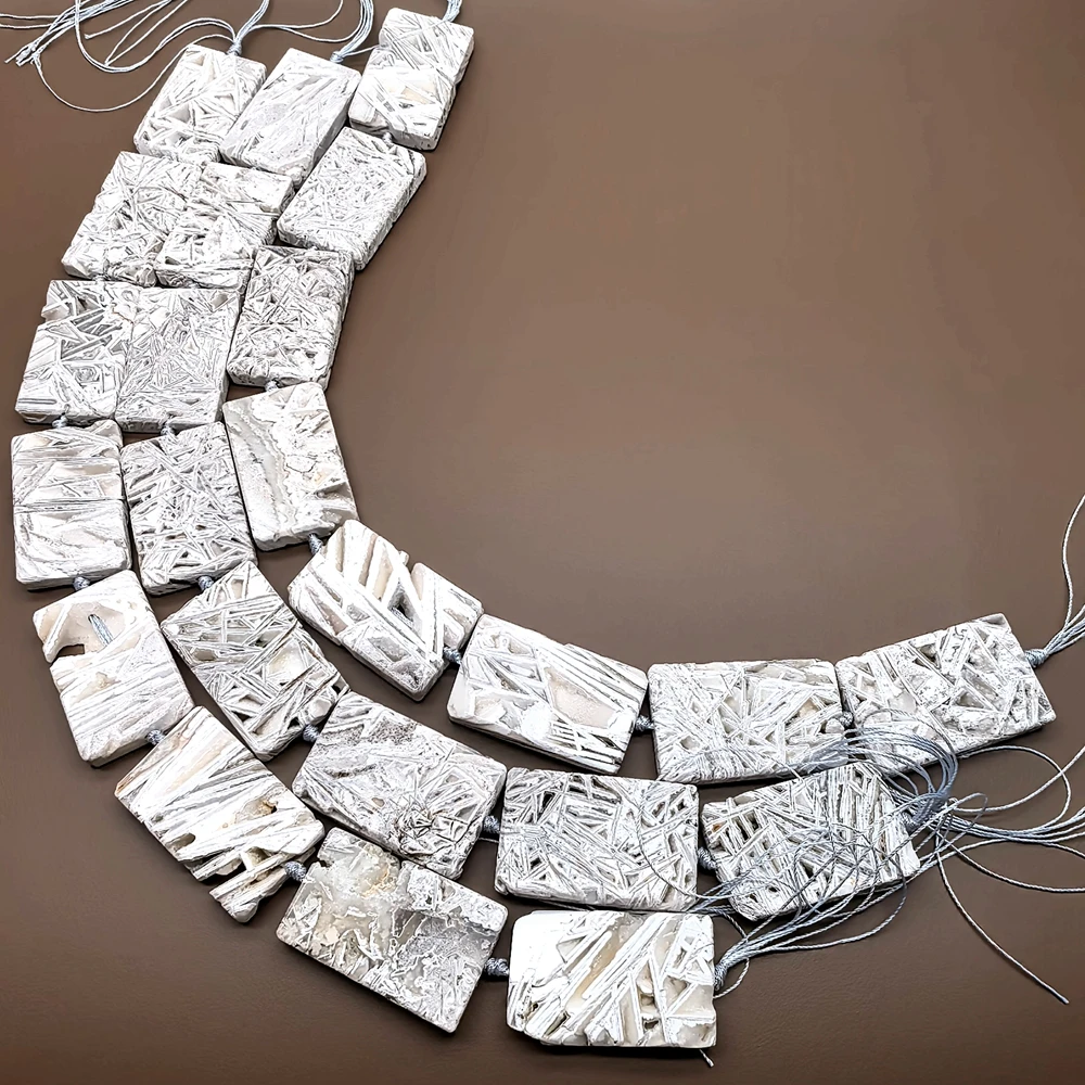 One Strand Unique 27x45mm White Stick Agate Slice Beads Natural Web Pattern Rectangle Gemstone Aragonite Jewelry Supply 15.5"