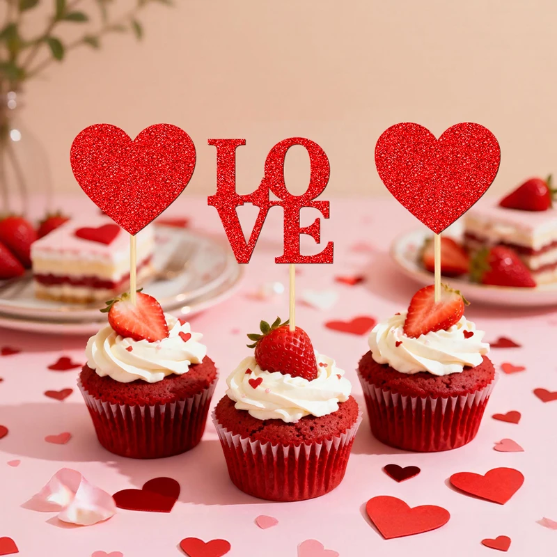 YOMDID 24 Stück Cupcake-Topper zum Valentinstag, Liebesherz, glitzernde Cupcake-Picks für Liebe und Herz, Valentinstag-Kuchendekorationen