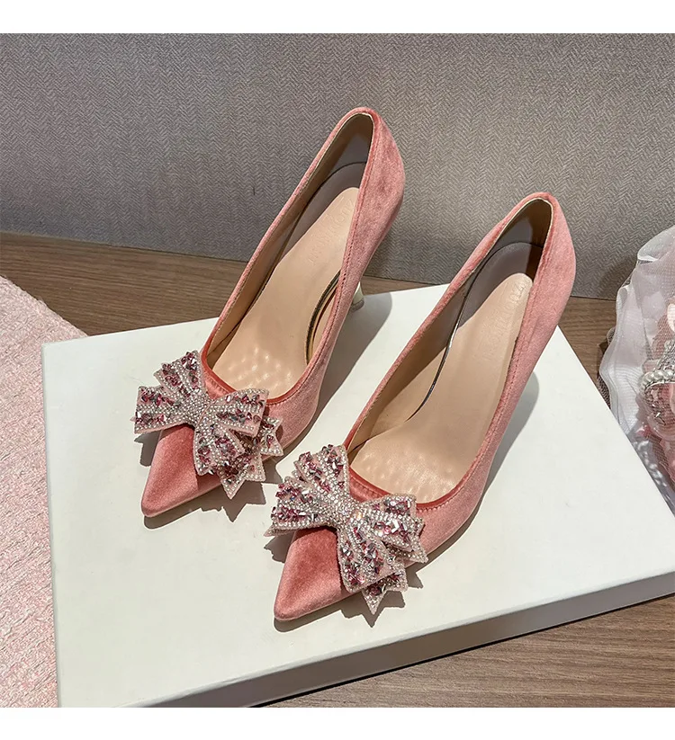Size 30-44 Women's Pink Velvet Rhinestone Bow Pumps 2026 Pointed Toe Stiletto Heels for Wedding Party Evening Dress Plus Size view 6