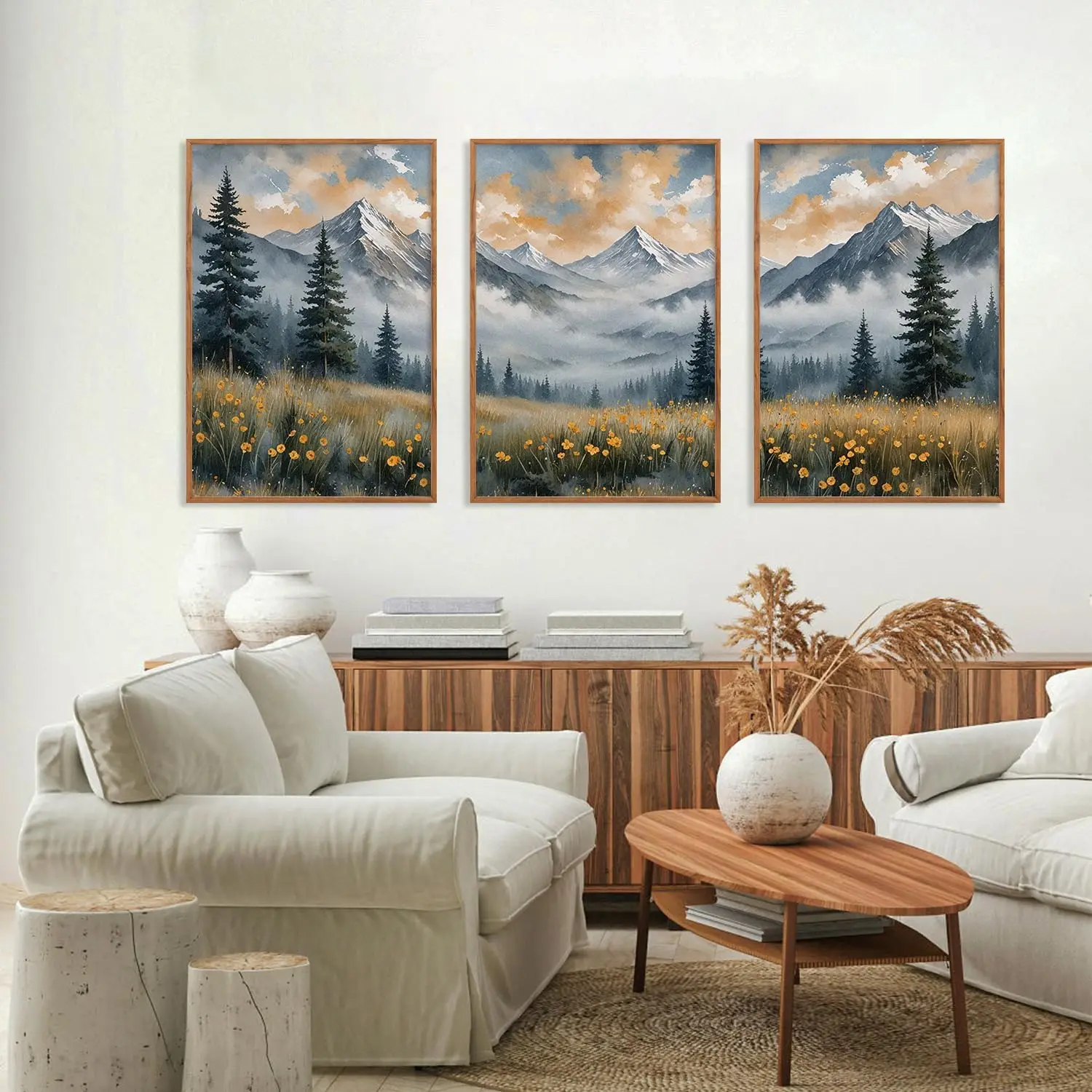 

Misty Mountain Framed Canvas Wall Art Set, Foggy Forest Modern Wall Decor, Nature Wildflower Grassland Artwork,New Popularity