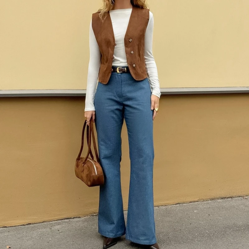Spring Autumn Women V Neck Vest Women's Jackets and Vests Women's Jackets Sleeveless Buttoned Solid Color Loose Casual Outerwear