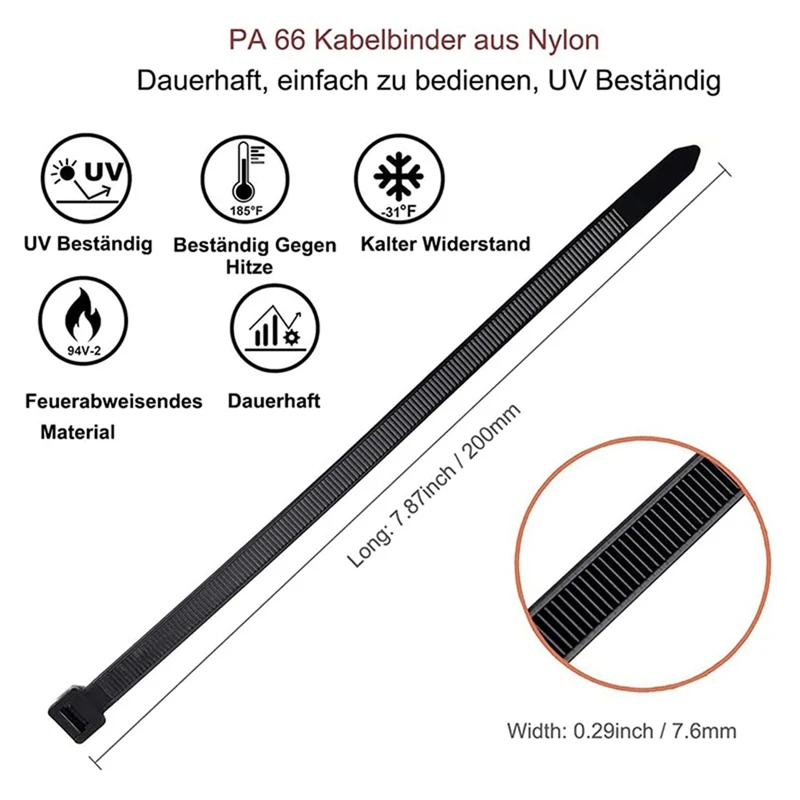 2X Cable Ties Black Pack Of 300 Mm X 7.6 Mm UV Resistant Ultra With 75 Kg Tensile Strength Heat Resistant Durable