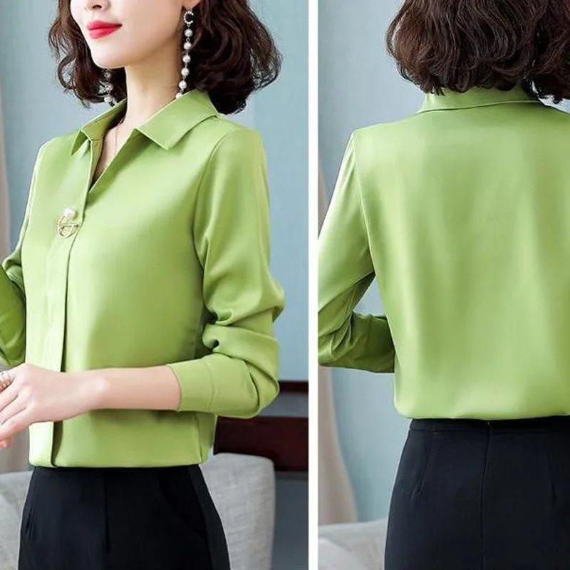 Commuter Office Lady All-match Solid Color Blouse Fashion Spring New Women\'s Long Sleeve Button Korean Turn-down Collar Shirt