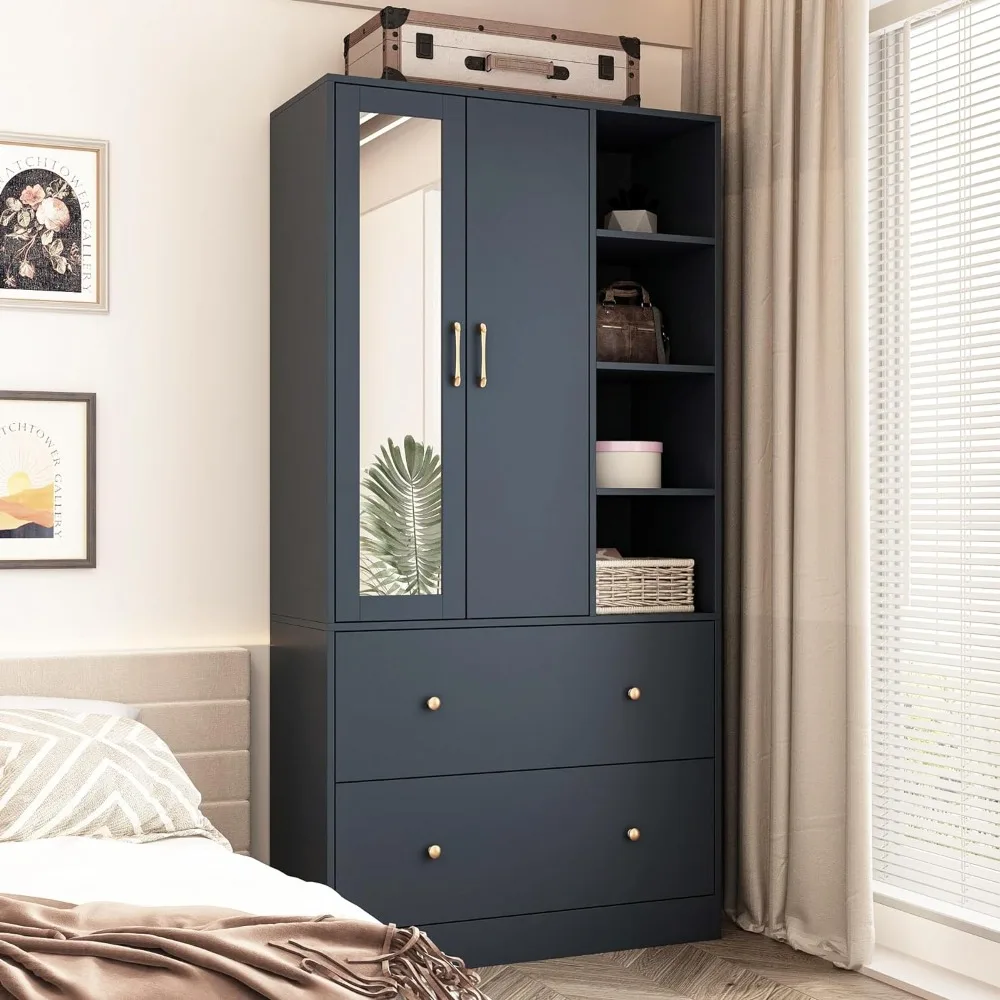 2024 New  Wardrobe Armoire Closet with Mirror, 2 Door Wardrobe Cabinet with 2 Drawers & Extendable Hanging Rod