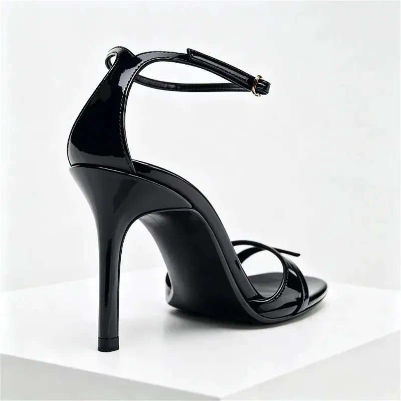 Black Patent Leather Buckle High Heel Sandals Women Fashion Round Toe Ankle Strap Party Dress Shoes Elegant Brand Designer Shoes view 4