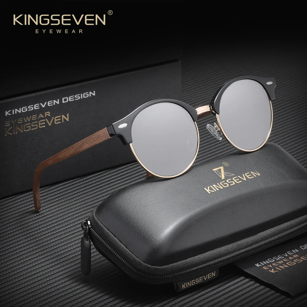 KINGSEVEN Trendige Vintage Handgefertigte Sonnenbrille aus Schwarznussholz für Männer und Frauen Polarisierte Gläser UV400