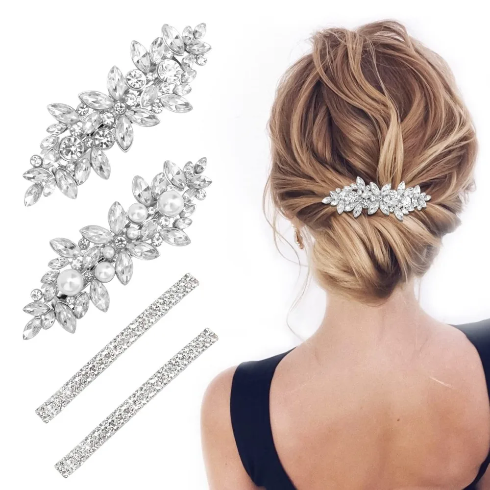 

Rhinestone Hair Clips Set 4/6Pcs Non Slip Spring Clips Pearl Barrettes for Back of Head Elegant Updo Party Wedding Accessories