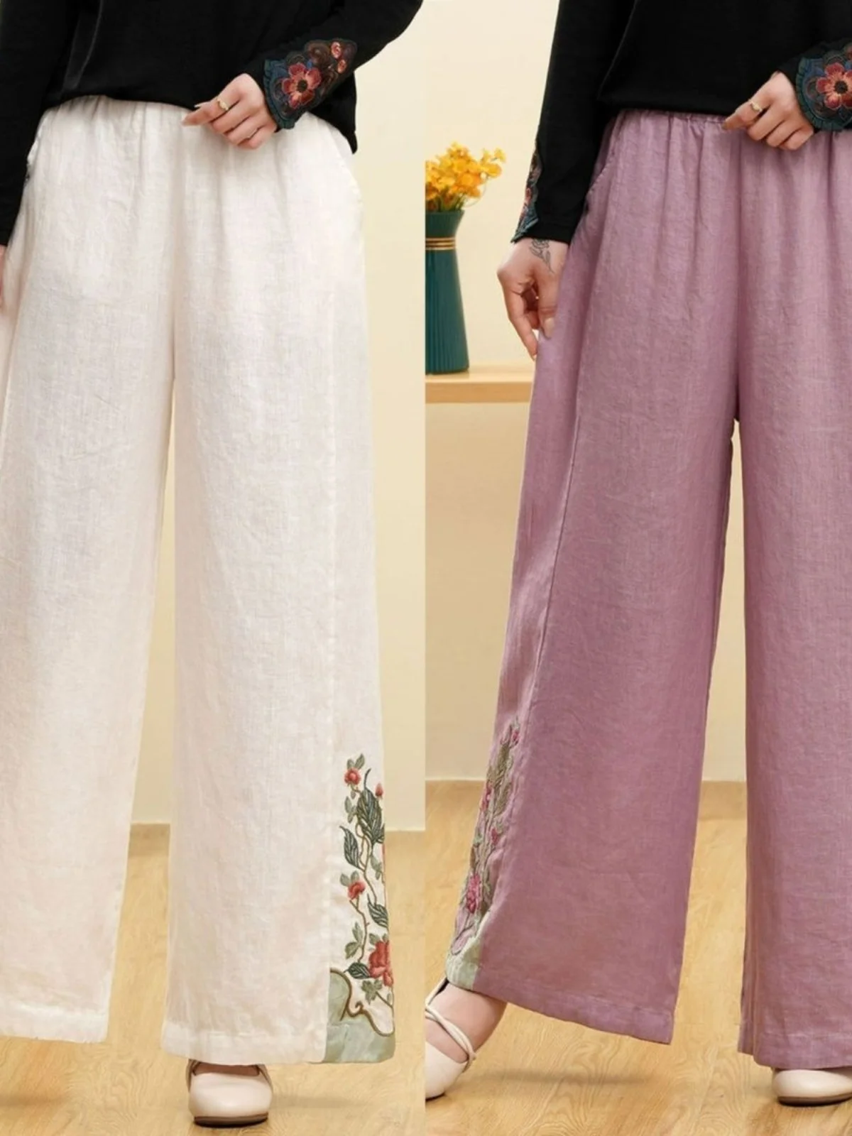 New Cotton Linen Embroidered Loose Straight Leg Pants Ethnic Vintage Loose Slimming Long Casual Trousers for Women