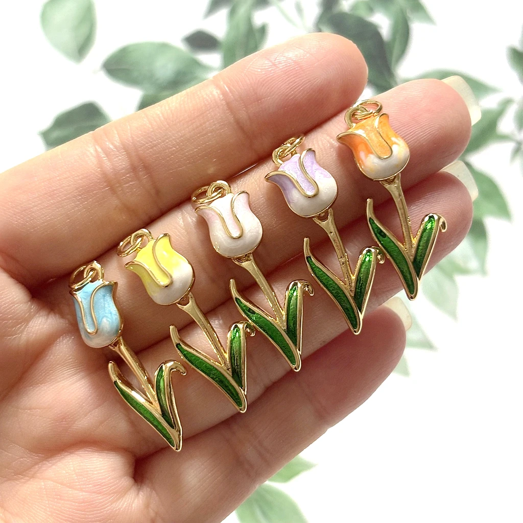 

5pcs 30x11mm Cute Enamel Tulip Charms Pendant DIY Jewelry Making Accessories Findings for Necklace Bracelet Earrings