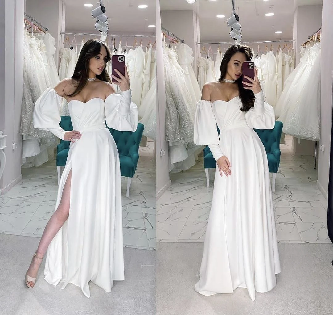 Elegante vestido de casamento de cetim, querida manga longa sopro, fenda lateral, vestido nupcial a linha, até o chão, personalizar, 2024