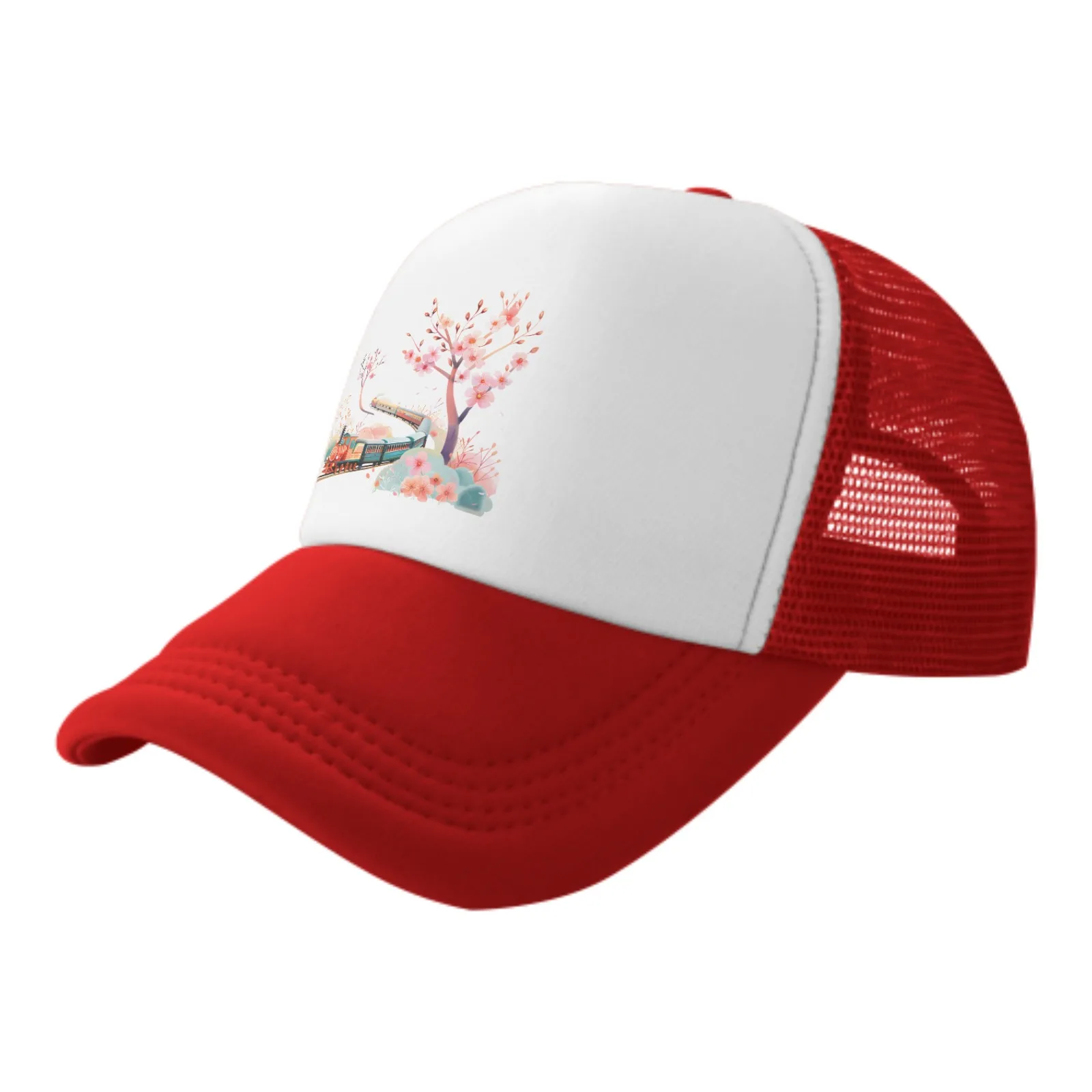 Spring Field Train Travels Through Cherry Blossom Trees Sun Hat Fishing Outdoor Men's and Women's Truck Caps Fashion