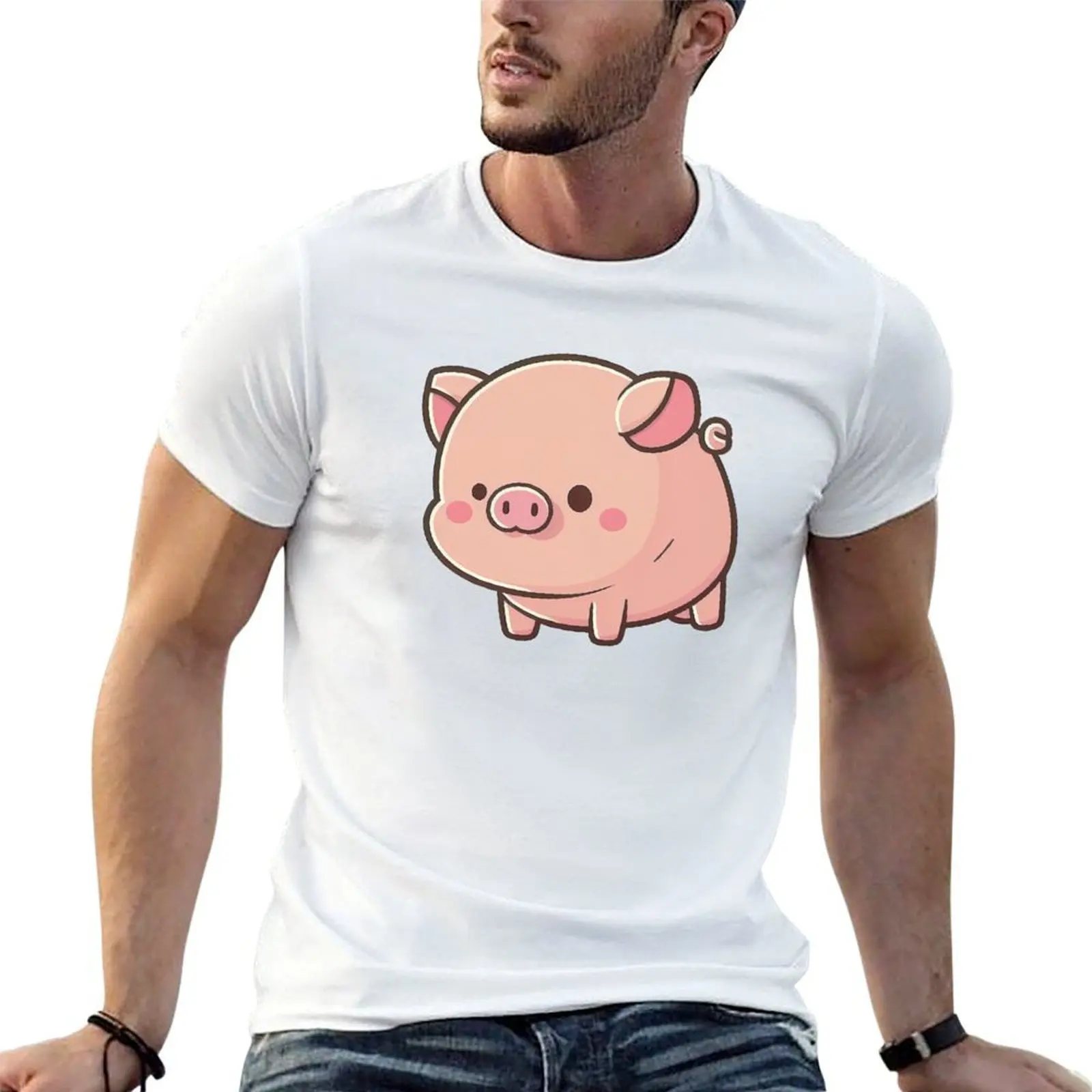 Pig Cute Kawaii Chibi Hand Drawn Illustration T-Shirt blue archive graphic t shirt vintage T-shirts for men cotton