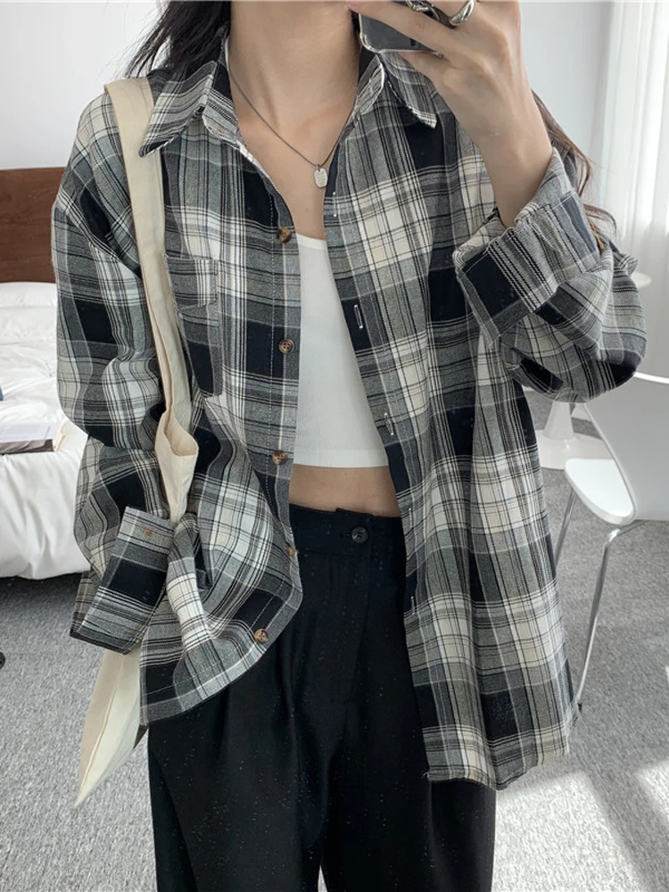 Zoki Korean Oversize Loose Women Plaid Shirt Harajuku Long Sleeve Bf Casual Blouse Spring Female Fashion Turn Down Collar Tops