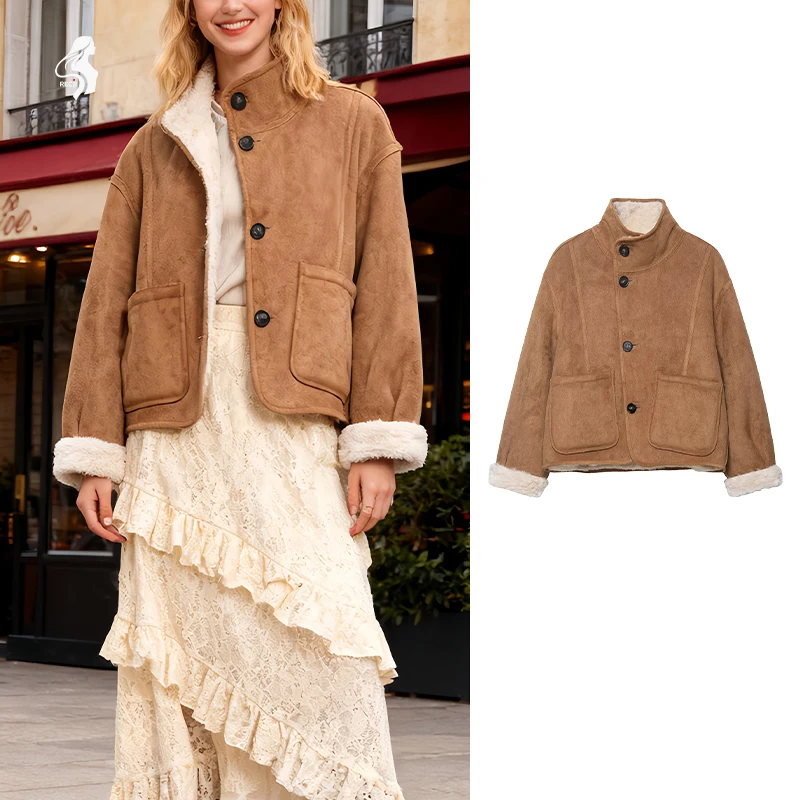 

Женская модная короткая куртка из искусственной овчины с цветными блоками, двустороннее однобортное универсальное пальто для повседневной зимней одежды