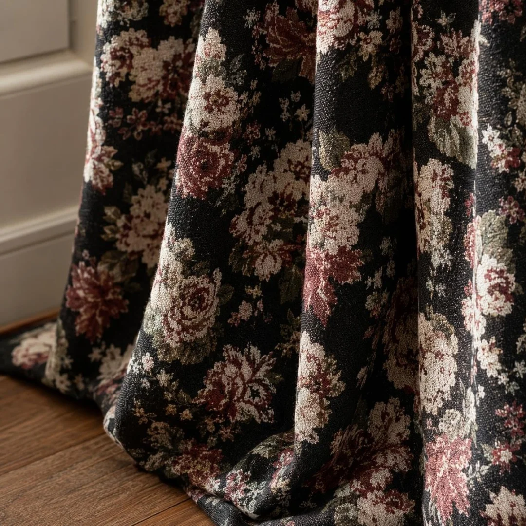 Midnight Rose Floral Printed Curtain Black Base Vintage American Country Style Light Blocking Window Curtain Home Decor