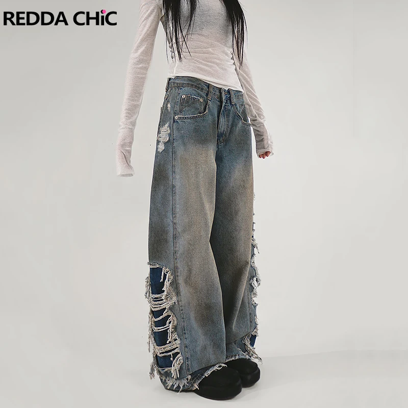 

REDDACHiC Dirty Wash Destroyed Women Baggy Jeans Hiphop Stitch Do Old High Waist Casual Wide Leg Pants Skater Vintage Streetwear