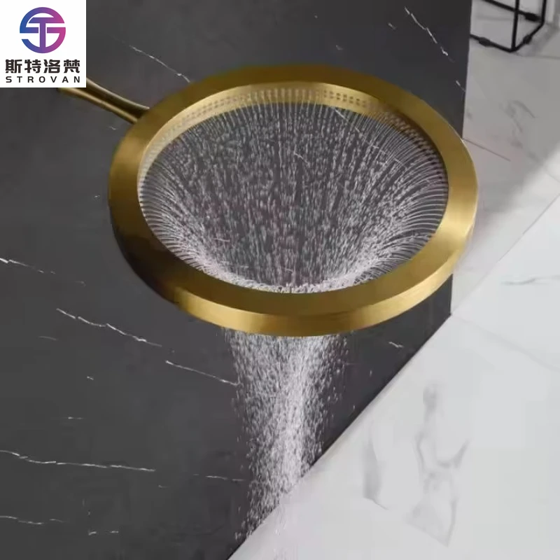 

Modern Thermostatic Brass Bath Shower Faucet Set In-Wall Rain Shower Head Brushed Gold Finish Waterfall Soft Spray for