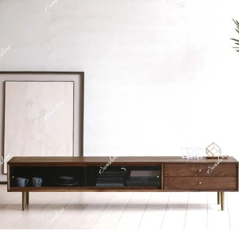 American living room solid wood TV display cabinet sliding door glass storage cabinet