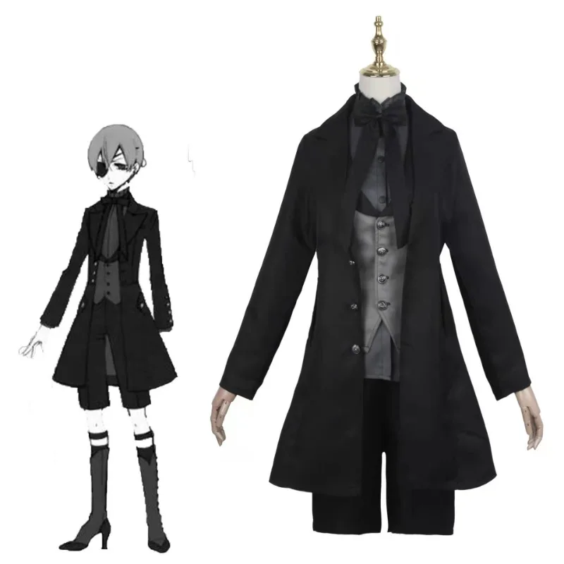 

Аниме Ciel Phantomhive Smile Косплей Костюм Черный Дворецкий Парик Черный Смокинг Пальто Рубашка Униформа Полный Комплект Мужчина Женщина Карнавальный Костюм