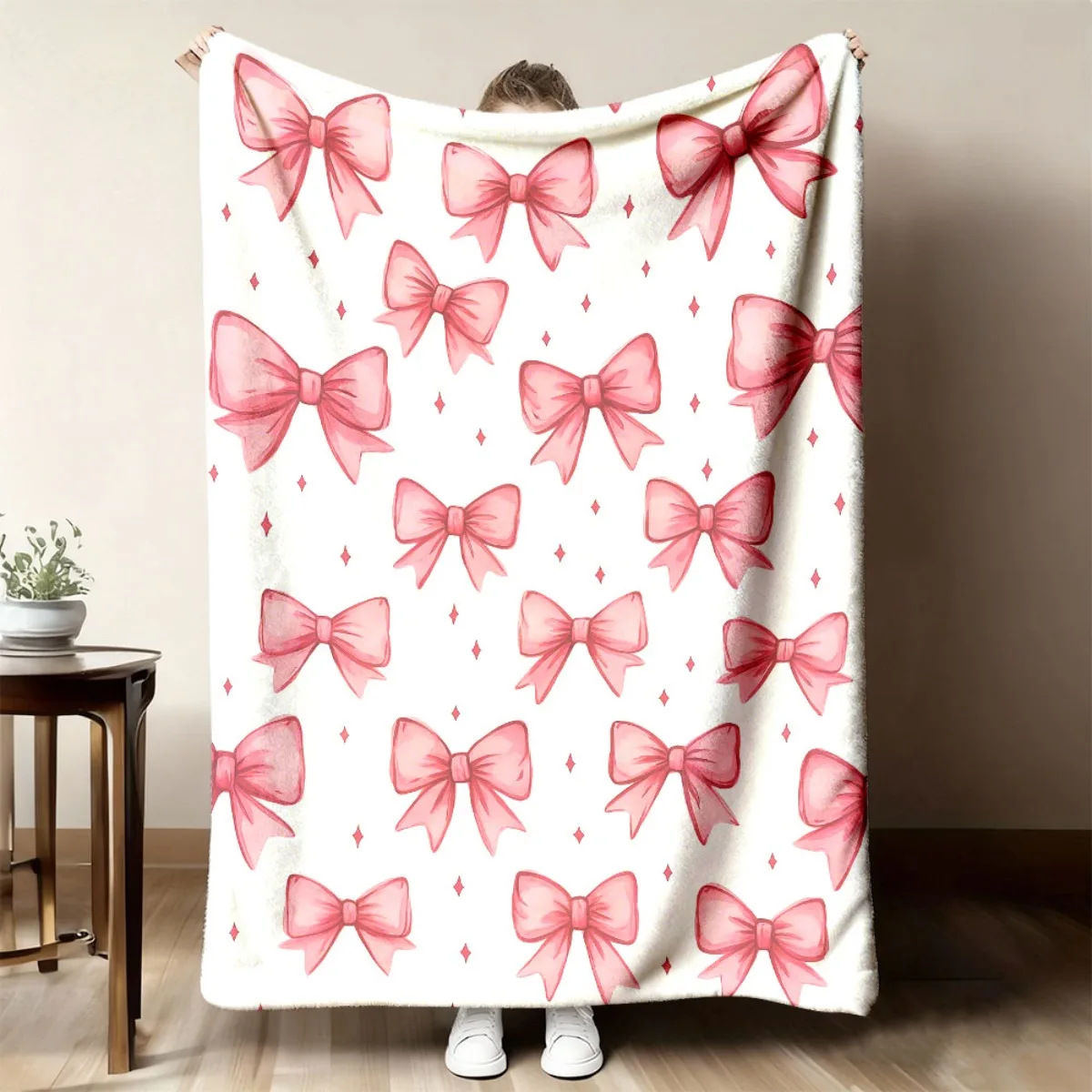 Cute Pink Bowknot Print Throw Blanket Cozy Sofa Couch Manta Soft Bed Decorative Blanket for Bedroom Living Room Decor