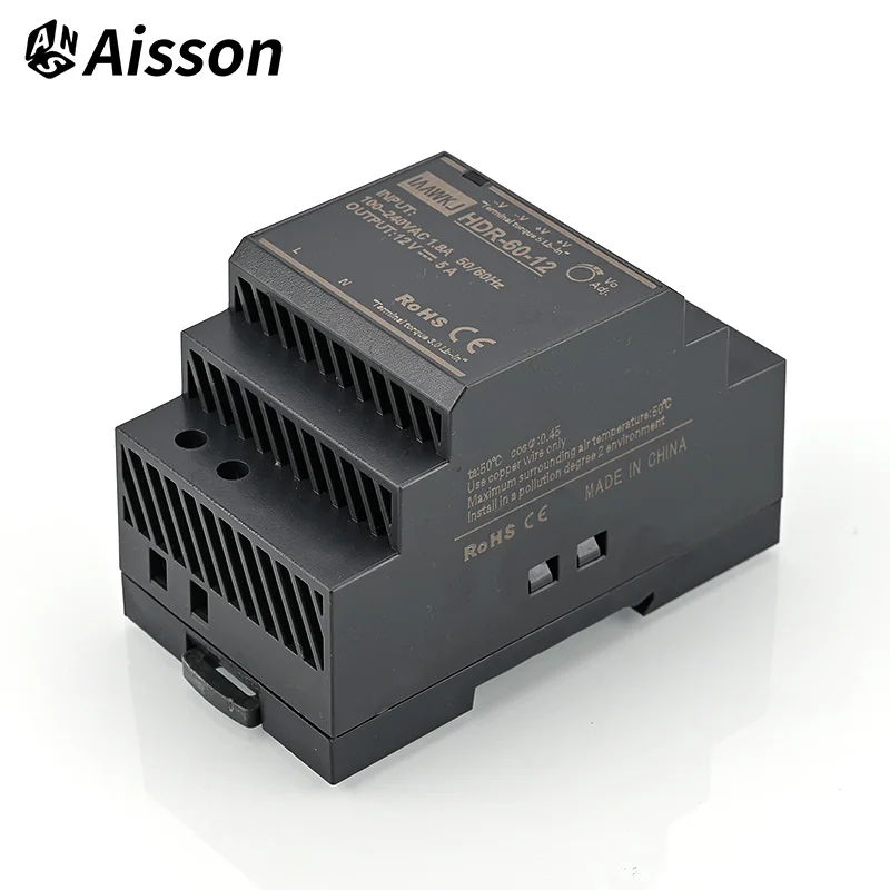 HDR Series 60W DIN Rail Mounting Ultrathin Switching Power Supply, DC 5V/12V/24V/48V Output, 100-240VAC Wide Input SMPS