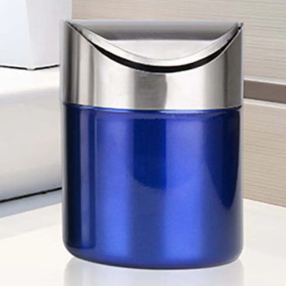 1Pcs Desktop Stainless Steel Trash Can Compact Size Storage Bin Blue Silver Suitable for Office Kitchen Bathroom Bedroom
