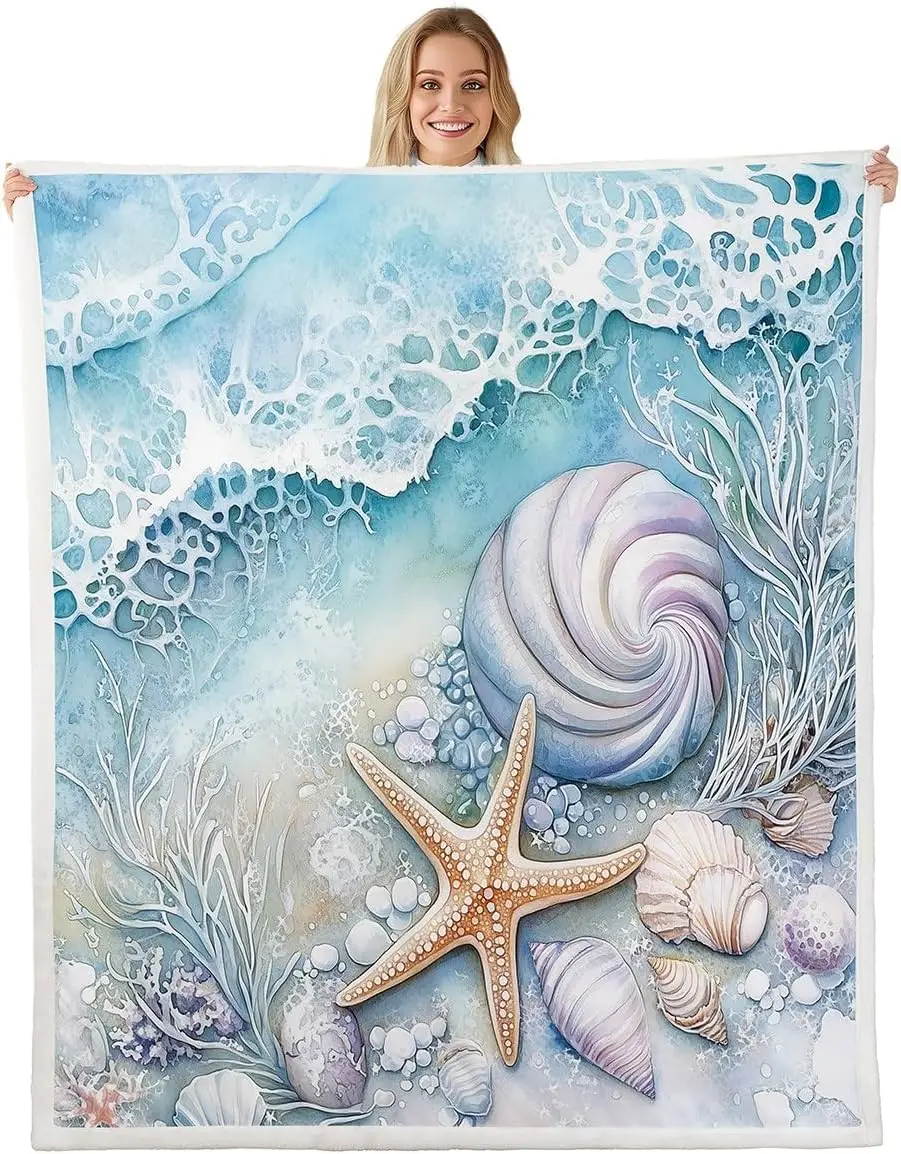 Ocean blanket sea shell starfish waves beach design soft throw coastal decor bedroom textile seaside art cozy accessory
