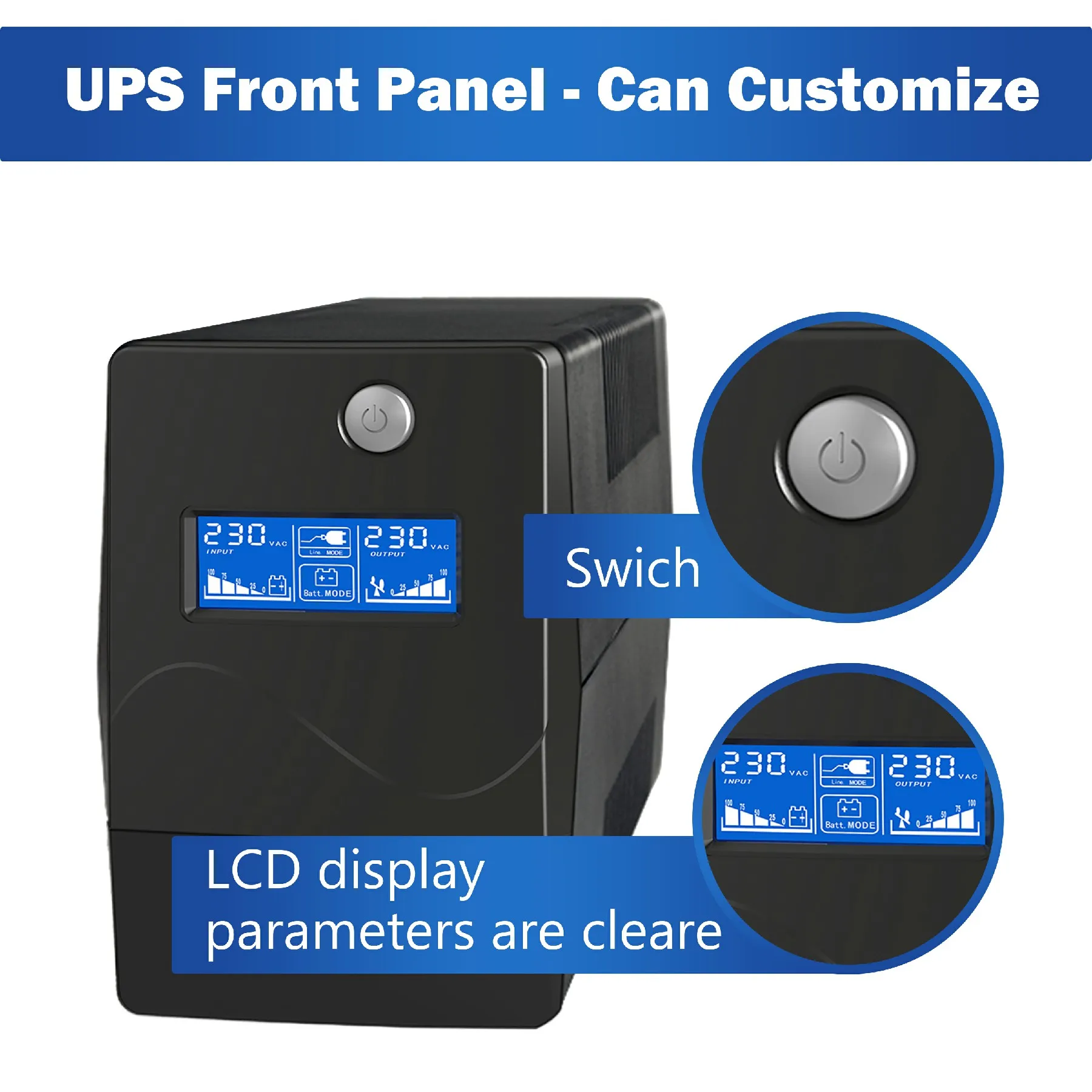 بطارية UPS عالية الجودة بقوة غير منقطعة 500va إلى 3kva UPS للكمبيوتر غير متصل مع شاشة LCD للكمبيوتر